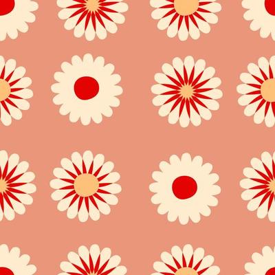 Geometric seamless pattern with abstract daisies in 1960 style.
