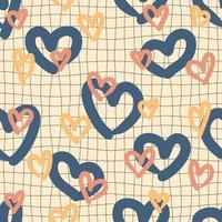 Trippy grid seamless pattern with hearts on checkered background. vector