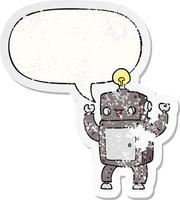 cartoon happy robot and speech bubble distressed sticker vector