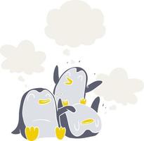 pingüinos de dibujos animados y burbujas de pensamiento en estilo retro vector