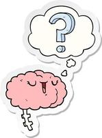 cartoon curious brain and thought bubble as a printed sticker vector