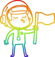 rainbow gradient line drawing cartoon confident astronaut waving flag vector