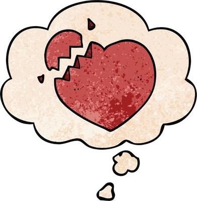 cartoon broken heart and thought bubble in grunge texture pattern style