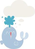 cartoon whale spouting water and thought bubble in retro style vector