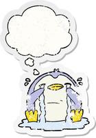 cartoon crying penguin and thought bubble as a distressed worn sticker vector