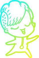 cold gradient line drawing happy cartoon girl in onesie vector