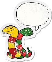 cartoon snakes and speech bubble distressed sticker vector