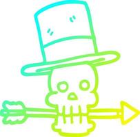 cold gradient line drawing cartoon skull with top hat and arrow vector
