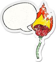 cartoon flaming rose and speech bubble distressed sticker vector