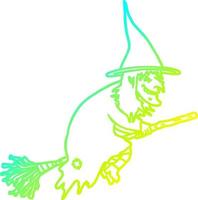 cold gradient line drawing cartoon witch on broom vector