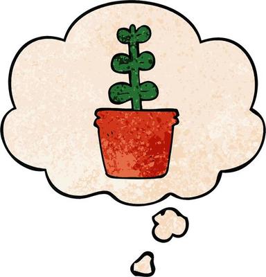cartoon house plant and thought bubble in grunge texture pattern style