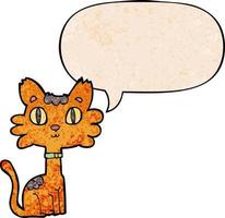 cartoon cat and speech bubble in retro texture style vector