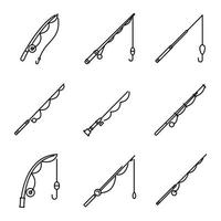 Modern fishing rod icons set, outline style vector