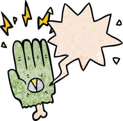 spooky halloween zombie hand and speech bubble in retro texture style