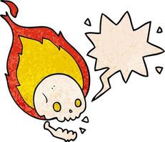 spooky cartoon flaming skull and speech bubble in retro texture style vector