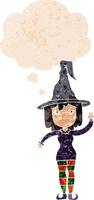 cartoon witch and thought bubble in retro textured style vector