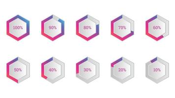 percentage infographics elements set in shape of hexagon with gradient progress indicator vector