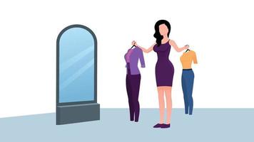 Young woman confused between two outfits flat character vector illustration on white background