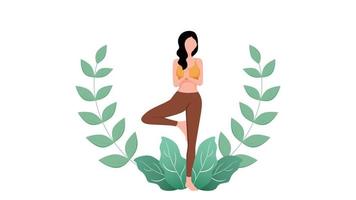 ilustración de vector plano de personaje de pose de yoga de chica plana con fondo de objeto de hoja