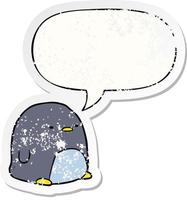 lindo pingüino de dibujos animados y etiqueta engomada angustiada de la burbuja del discurso vector