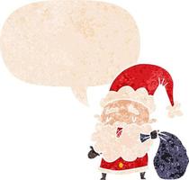 dibujos animados de santa claus con saco y burbuja de habla en estilo retro texturizado vector