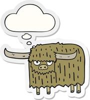 cartoon hairy cow and thought bubble as a printed sticker vector