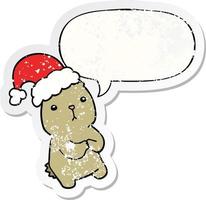 cartoon christmas bear worrying and speech bubble distressed sticker vector