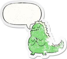 cartoon dinosaur and speech bubble distressed sticker vector