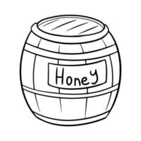 Monochrome picture, Large wooden barrel with honey, honey image, vector illustration in cartoon style on a white background