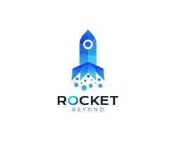 Blue Rocket Logo Design. Modern Spaceship Vector Illustration with Bubble Smokes