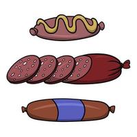 A set of pictures, smoked sausage with bacon, pieces of smoked sausage, vector cartoon illustration on a white background