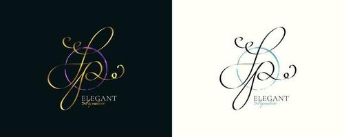 Diseño del logotipo de la firma inicial jp con un estilo de escritura dorado elegante y minimalista. diseño inicial del logotipo j y p para bodas, moda, joyería, boutique e identidad de marca comercial vector