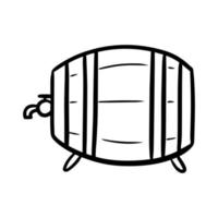 Monochrome picture, wooden barrel with a tap for beer and wine, vector cartoon illustration on a white background