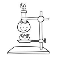 Monochrome picture, Chemical experiment with heating solution, glass flask with boiling liquid, vector illustration in cartoon style on a white background