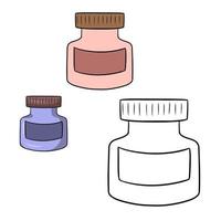 Set of glass medicine bottle, glass jar with label soaked in paint, vector illustration in cartoon style on a white background