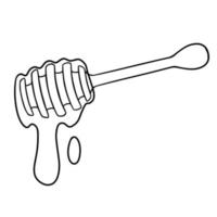 Monochrome picture, Wooden spoon for honey, honey dripping from a honey stick, honey image, vector illustration in cartoon style on a white background