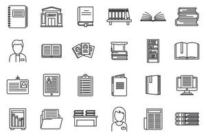 conjunto de iconos de biblioteca universitaria, estilo de esquema vector