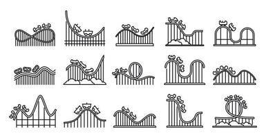 conjunto de iconos de atracciones de montaña rusa, estilo de esquema vector