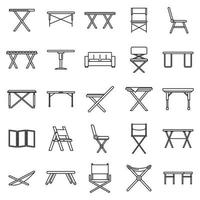 Picnic folding furniture icons set, outline style vector