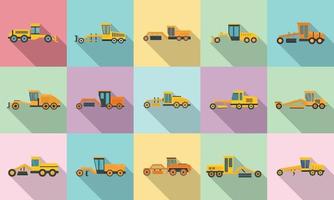 Grader machine icons set, flat style vector