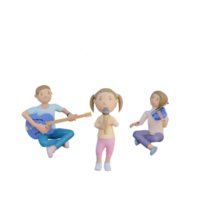 3D render pai mãe e filha cantam e tocando ilustração de música png