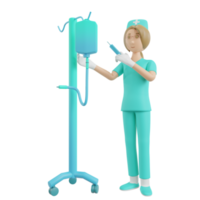 3d render nurse illustration with medical injection and medical infusion png