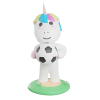 einhorn, das fußballillustration mit transparentem hintergrund 3d hält, rendern png