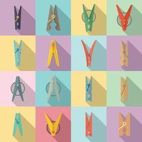 Clothes pins icons set, flat style vector
