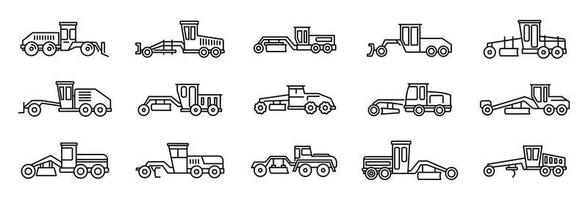 Construction grader machine icons set, outline style vector