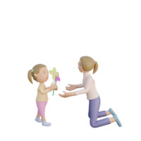 3d render mother and daughter give flower illustration png