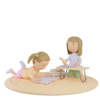 niñas adolescentes, hacer, tarea, ilustración, 3d, render png