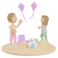 teenage girl playing kite in the beach illustration 3d render png