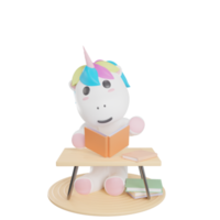 ilustración de libro de lectura de unicornio con render 3d de fondo transparente png
