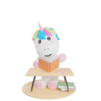 einhorn-lesebuchillustration mit transparentem hintergrund 3d-rendering png